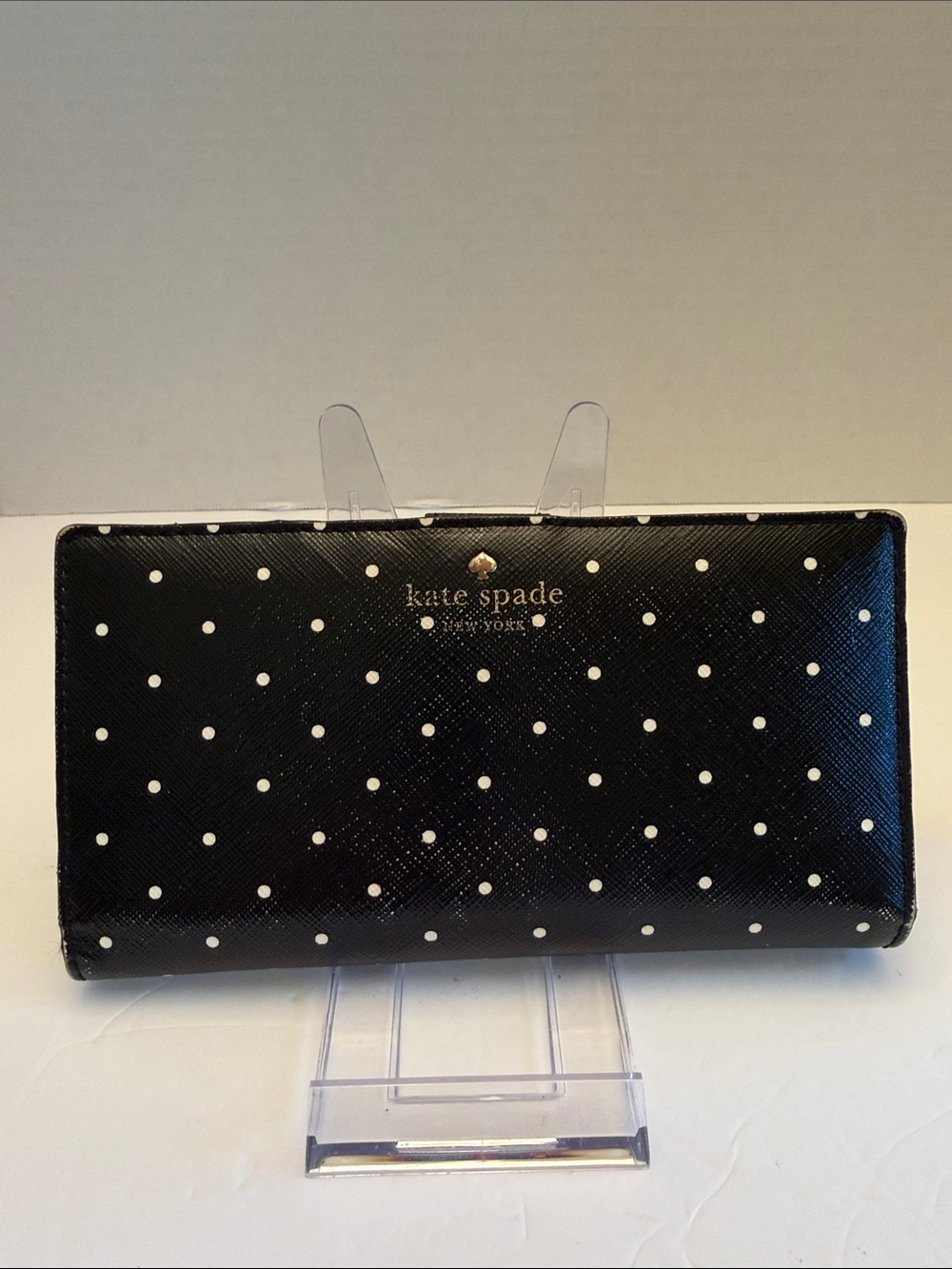 kate spade STORYBOOK Black with White Polka Dot Continental Wallet EUC